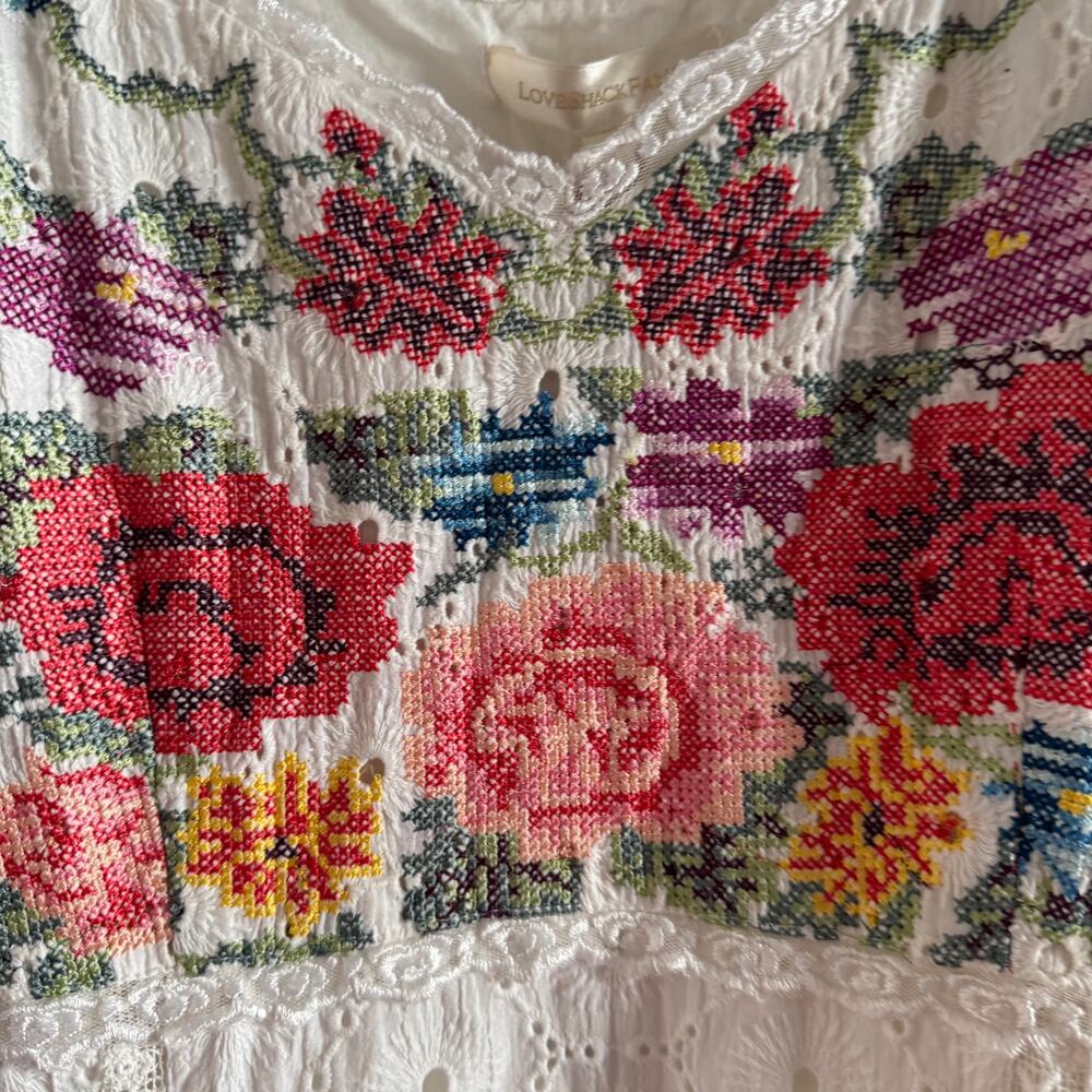 New LoveShackFancy Thressey Mini Dress White Embroidered Floral Ruffled Sz 8 - Picture 6 of 14